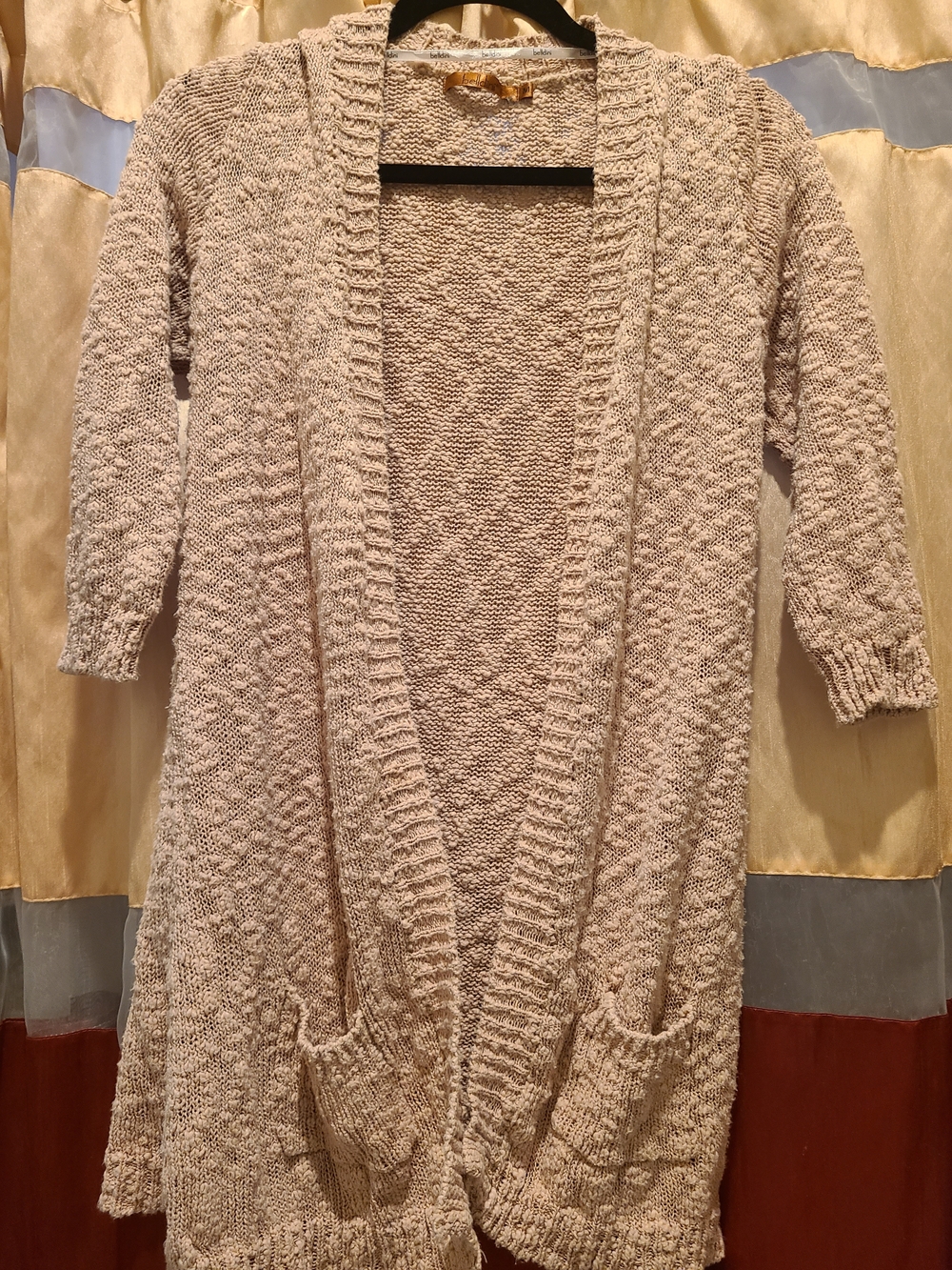 Beige Open-Front Long Knit Cardigan Sweater